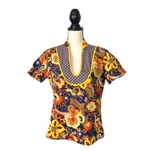 J.Crew Boho Paisley Floral Contrast Bib Top Short Sleeve Size S